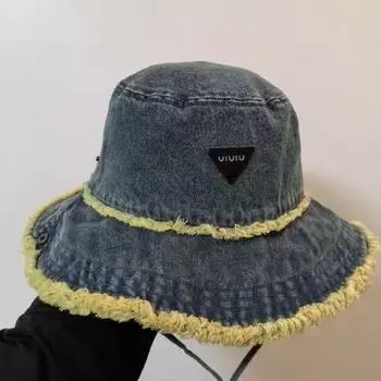 Triangle standard bucket hat women s 2025 new washed denim rough edge sunscreen solid color versatile face small sun hat M56-58cm чёрный