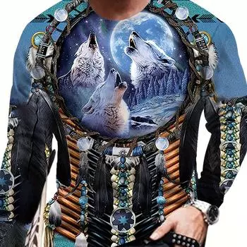 Мужской креативный топ с 3D-цифровым принтом в стиле племенного волка, стильная мужская футболка с длинным рукавом и круглым вырезом, весна-осень S