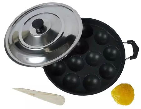 Trifri Appam Patra Paniyaram Non, Stick Посуда Блинная кондитерская сковорода Appachetty с ручкой и 9.5 x 6.8 x 1.9 Inches чёрный