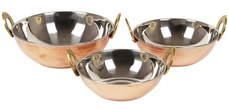 Trifri Нержавеющая сталь Медь Кадай с ручкой Аутентичная индийская сервировочная миска Кованый дизайнерский набор из 3 овощных сервировочных мисок Карахи 2.5 X5.5 медный