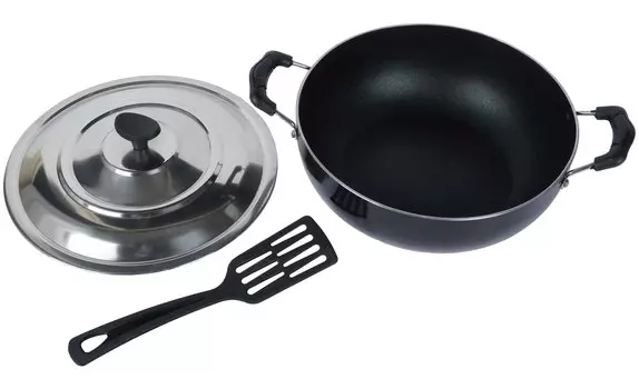 Trifri Non,Stick Kadai Turner с крышкой, антипригарным покрытием, индукционная посуда, кухонные аксессуары, кулинария 9.3 x 6 x 2 Inches чёрный