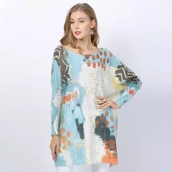 Трикотаж большого размера с цветочным принтом, женский свитер средней длины с косым вырезом, свободный повседневный, новая мода на осень one size белый
