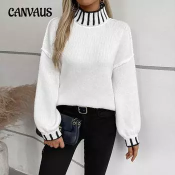 Трикотаж для женщин больших размеров, осень и зима, свободный свитер, винтажный свитер с цветными блоками и высоким воротом S хаки