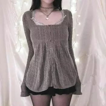 Трикотаж Футболка Женская Одежда Кокетка Гранж Y2K Винтажный Свитер Однобортный Длинный Рукав Кардиган L черный серый