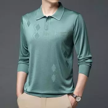 Трикотаж Ice Silk Весна и осень Новая свободная деловая джентльменская футболка с длинными рукавами с лацканами M