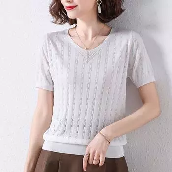 Трикотаж из ледяного шелка, пуловер с короткими рукавами, женская футболка, летнее пальто в стиле вестерн с полым v-образным вырезом, универсальная однотонная футболка, женский топ