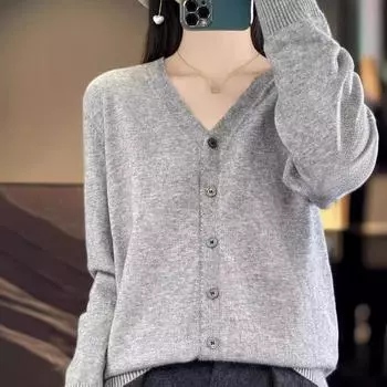 Трикотаж Кардиган с v-образным вырезом Женский весенне-осенний свитер Куртка Верхняя одежда Топы M бежевый