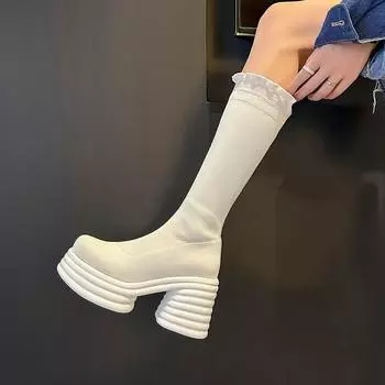 Трикотаж Krazing Pot, осенне-зимняя обувь, эластичные ботинки на толстом высоком каблуке с круглым носком, водонепроницаемые женские ботинки до середины икры без шнуровки 34