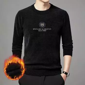 Трикотаж, мужской теплый свитер, Мужская молодежная утолщенная зимняя внутренняя одежда на флисовой подкладке, топ, рубашка с круглым вырезом M