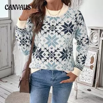 Трикотаж Осень и зима Повседневный женский пуловер Жаккардовый свитер S синий