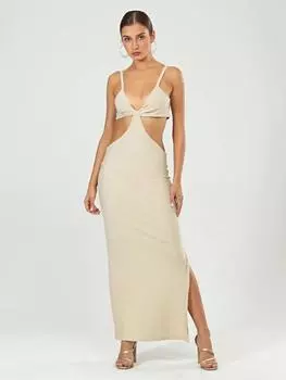 Трикотаж Платье цвета экрю с глубоким вырезом на талии