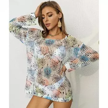 Трикотаж с ажурным принтом, сексуальная рубашка-бикини, пляжная рубашка с солнцезащитным кремом, женский пуловер, топ, уникальный наряд с перспективой, свободный повседневный S