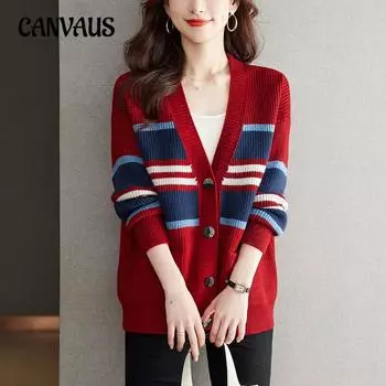 Трикотаж с цветными блоками, свободный вязаный кардиган большого размера, куртка, осенний женский свитер One Size красный