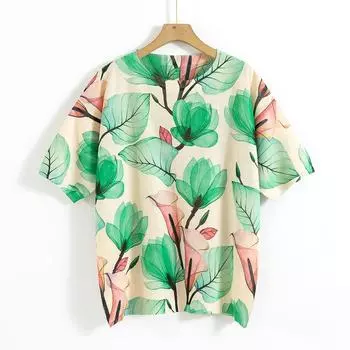 Трикотаж с цветочным принтом, футболка, летняя одежда, Harajuku, большие размеры, женские ретро-винтажные вязаные свитера с круглым вырезом и половиной рукавов, женские свободные пуловеры L