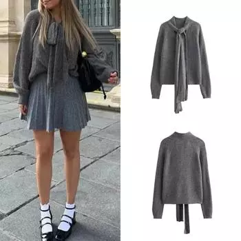 Трикотаж с вырезом, модные женские свитера, вязаные пуловеры, осенний кашемировый свитер с завязками и длинными рукавами, шикарные джемперы XS серый