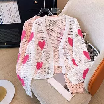 Трикотаж с вышивкой Love, летняя тонкая женская корейская версия кардигана, милая свободная футболка с длинными рукавами и защитой от солнца onesize розовый
