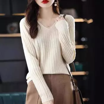 Трикотаж Весна и осень, тонкий пуловер с v-образным вырезом, подшерсток с длинными рукавами, женский свитер, простой и элегантный универсальный топ S белый