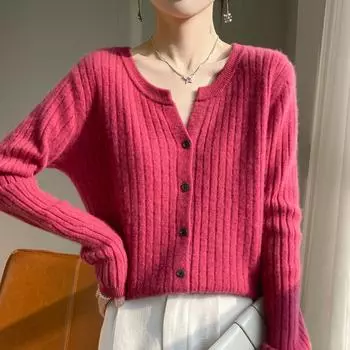 Трикотаж весенне-осенний женский свитер с круглым вырезом, тонкий короткий однотонный вязаный кардиган на шнурке, куртка M бежевый