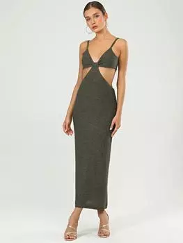Трикотаж Зеленое платье с глубоким вырезом на талии