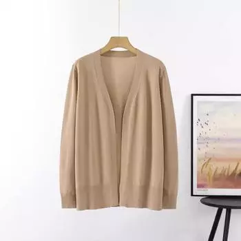 Трикотаж женский простой жакет средней длины весна и осень вязаный кардиган S хаки