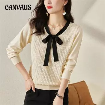 Трикотаж Женский свитер с длинными рукавами Джемпер Весна и Осень Нижняя рубашка Свободные топы с V-образным вырезом M