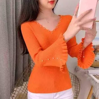 Трикотаж, женский свитер с v-образным вырезом и длинными рукавами, женская верхняя одежда, модный повседневный пуловер с бисером, нижняя рубашка XL