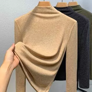 Трикотажная базовая рубашка для женщин, новогодняя женская одежда, офисный воротник, длинный рукав, футболка, нижнее белье, топ с поясом S серый