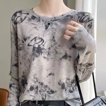 Трикотажная базовая рубашка с длинными рукавами и принтом для женщин, свободный топ на весну и осень M