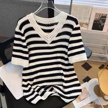 Трикотажная футболка большого размера, женская футболка в полоску, свободные повседневные топы с v-образным вырезом и короткими рукавами M белый