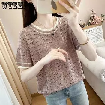 Трикотажная футболка с коротким рукавом Ice Silk для женщин, летняя базовая рубашка с круглым вырезом, свободный топ с короткими рукавами S