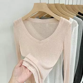 Трикотажная футболка с V-образным вырезом для женщин на весну и осень, новый стиль для женской внутренней нижней рубашки с текстурным дизайном в виде полосок под мышками, тонкий топ S розовый