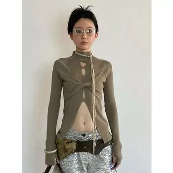 Трикотажная футболка с высоким вырезом и разрезом, осенняя однотонная футболка с длинными рукавами, облегающая облегающая футболка, эластичная трикотажная футболка, одежда y2k S чёрный