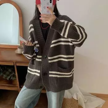 Трикотажная куртка-кардиган с V-образным вырезом, на пуговицах, в полоску, с карманами, в стиле кэжуал, модный коричневый женский теплый свитер на осень и зиму7051# One size