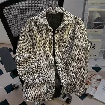 Трикотажная мужская ретро-рубашка с новым ароматом, корейский стиль, весенне-осенний тренд, универсальная свободная куртка с лацканами, повседневная M чёрный