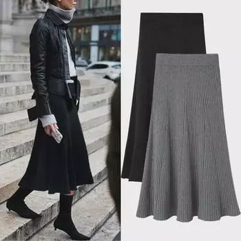 Трикотажная плиссированная юбка с высокой талией в гонконгском стиле для женщин - облегающая, плотная, на осень/зиму 2XL чёрный