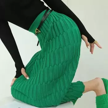 Трикотажная прямая юбка-миди свободного кроя для женщин на осень и зиму, плиссированная юбка в полоску с высокой талией и защипами на ягодицах S зелёный