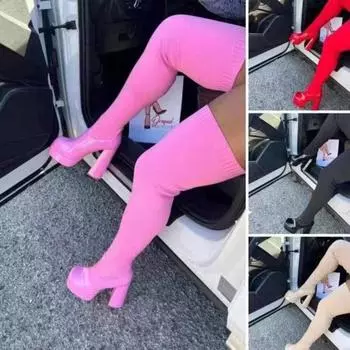 Трикотажная пряжа осень и зима новые круглые носки толстый каблук высокие сапоги для женщин теплые вязаные эластичные носки сапоги длинные сапоги-трубы 36 красный