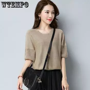 Трикотажная рубашка из ледяного шелка, футболка с короткими рукавами для женщин, летняя свободная и модная тонкая футболка с вырезом 2XL чёрный