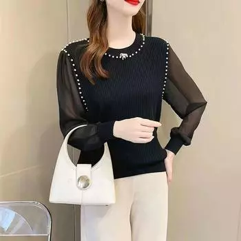 Трикотажная рубашка из ледяного шелка, женский свободный топ с бисером, весна-осень, новая шифоновая белая блузка с длинным рукавом для мамы с тонким дном L чёрный