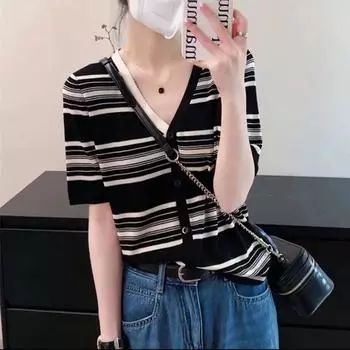 Трикотажная рубашка с короткими рукавами, полосатые топы с v-образным вырезом, женские свободные удобные куртки, топы, эластичные повседневные топы с короткими рукавами L белый