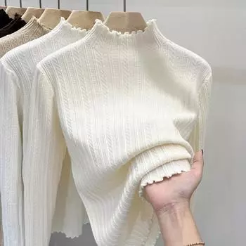 Трикотажная рубашка с кромкой из дерева, нижняя рубашка с полуводолазкой для женщин на осень и зиму с низом, новый женский топ One Size белый