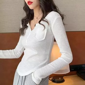Трикотажная рубашка с нитками на ключицах для женщин, ранняя осень, новая облегающая футболка с длинными рукавами и коротким топом S