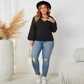 Трикотажная рубашка с v-образным вырезом для женщин, лоскутная кружевная сетчатая вязаная футболка с длинным рукавом и вырезом спереди, дышащая удобная рубашка большого размера для работы и отдыха XL чёрный