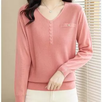 Трикотажная рубашка с V-образным вырезом на начало осени, тонкий топ с длинными рукавами, новая женская одежда осени 2024 года, свитер для мамы в иностранном стиле One Size