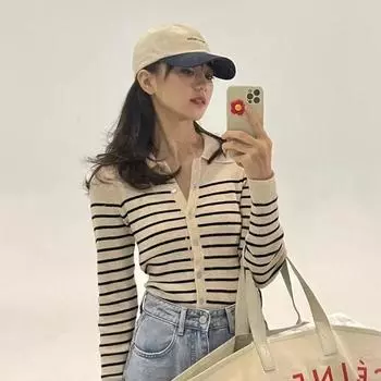 Трикотажная рубашка с воротником поло, полосатый свитер, женская осенне-зимняя нижняя рубашка, женский внутренний слой, кардиган, свитер, женское пальто