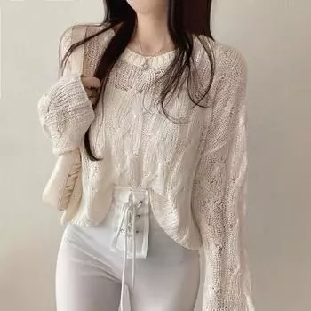 Трикотажная рубашка, свободная рубашка с длинными рукавами и защитой от солнца, женская рубашка-пуловер с тонким вырезом и короткими рукавами S чёрный