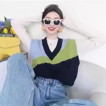 Трикотажная рубашка, жилет, женская весенне-осенняя майка без рукавов в студенческом стиле, контрастный цвет, V-образный вырез, свитер, жилет для женщин S синий