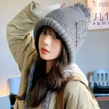 Трикотажная шапка-мешок для защиты ушей, женская осенне-зимняя шапка в стиле ретро в этническом стиле с бахромой, теплая, для лица, маленькая шерстяная шапка M56-58cm темно-коричневого