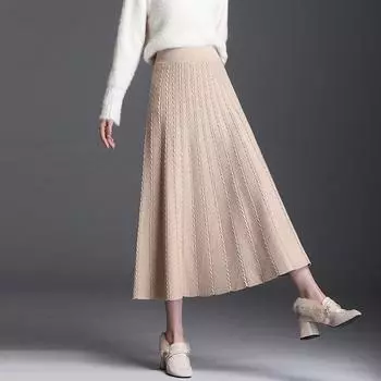 Трикотажная юбка а-лайн женщины осень и зима 2022 Корейская повседневная сплошная юбка с завышенной талией в длинной секции юбка из бедренной шерсти