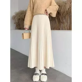 Трикотажная юбка, длинная юбка, прикрывающая бедра, осенне-зимняя новинка с высокой талией, А-образный фасон, большая юбка-качалка, тонкая юбка большого размера для женщин one size fits all чёрный